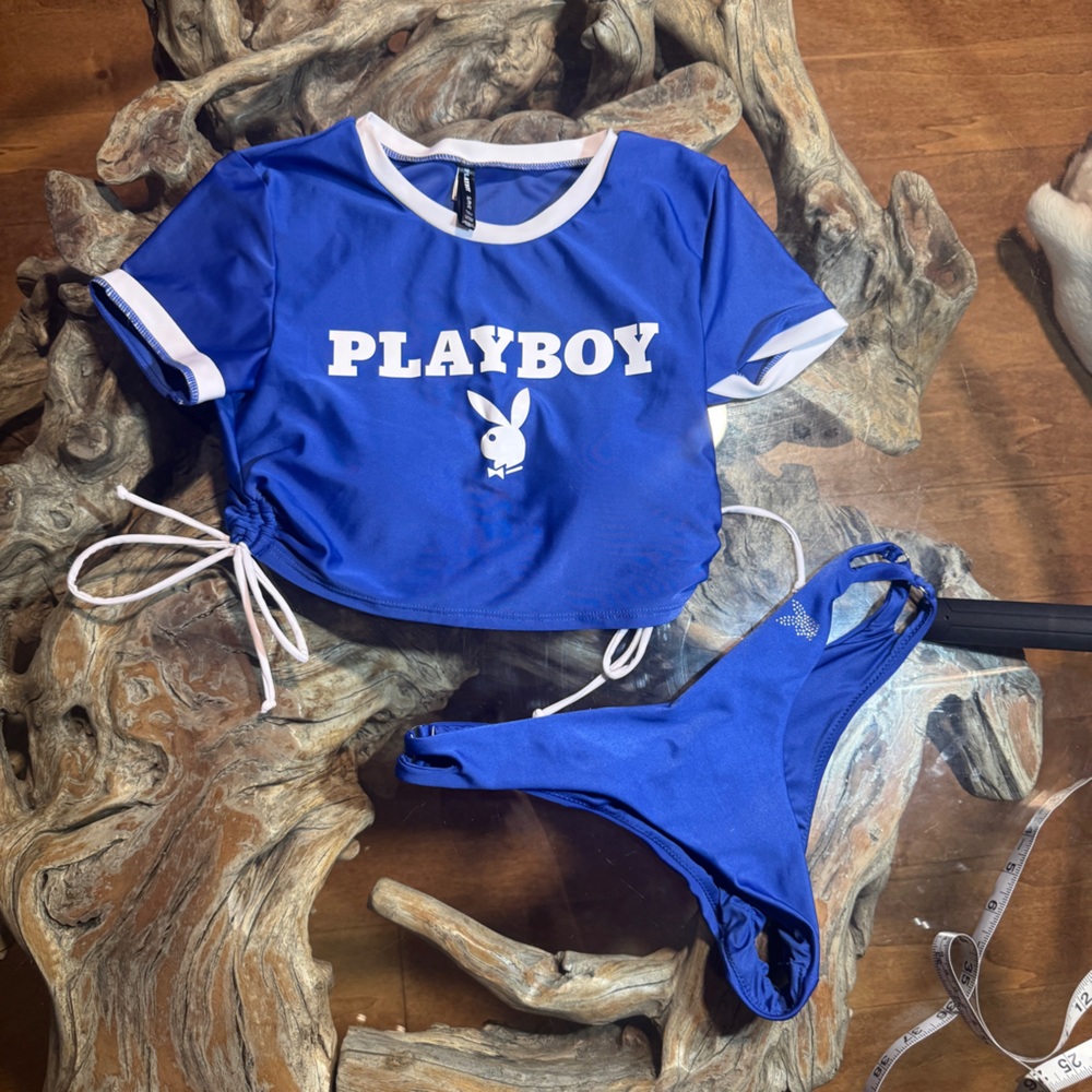 PLAYBOY Royal Blue Logo Crop Top & Bikini Set